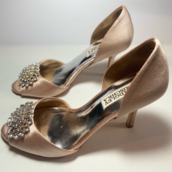 Badgley Mischka Women's Satin Peep-Toe Heels - Champagne with Crystal Features - Picture 4 of 8